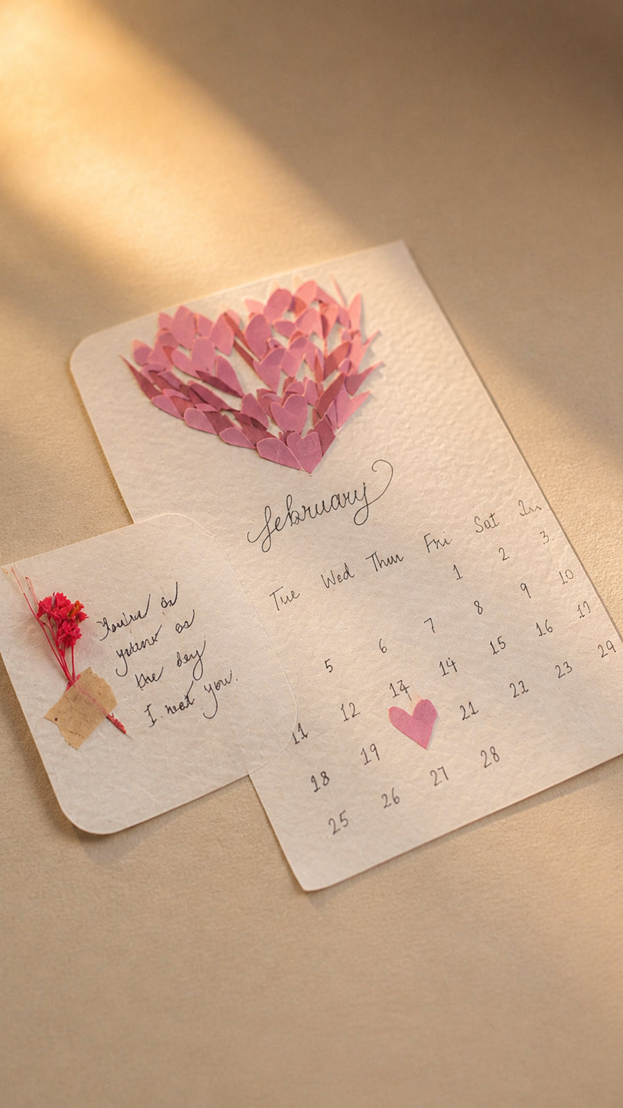 A handmade February calendar card with a paper-petal heart