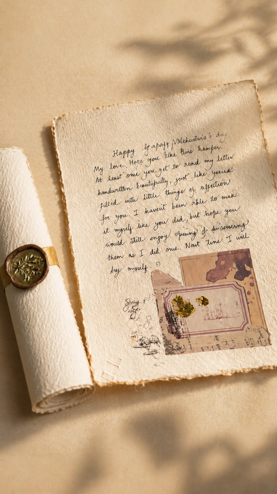 A handwritten letter on deckle-edged paper beside a wax-sealed scroll